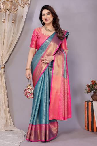Light blue woven kanchipuram art silk handloom saree with blouse