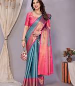 Light blue woven kanchipuram art silk handloom saree with blouse