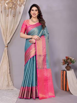 Light blue woven kanchipuram art silk handloom saree with blouse 2