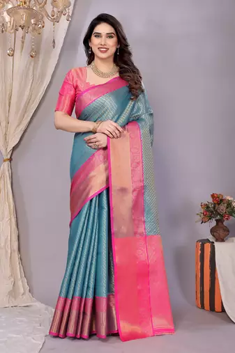 Light blue woven kanchipuram art silk handloom saree with blouse