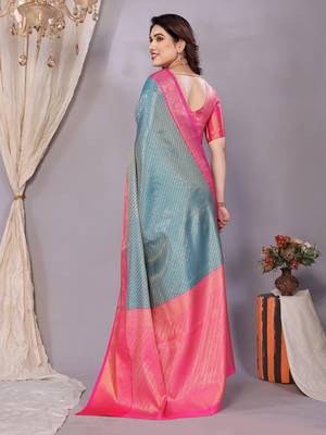 Light blue woven kanchipuram art silk handloom saree with blouse 3