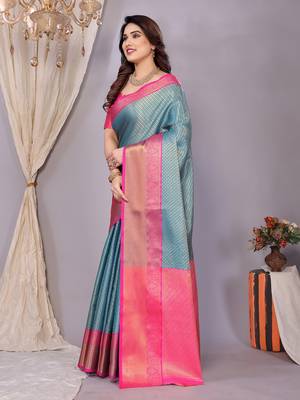 Light blue woven kanchipuram art silk handloom saree with blouse 4