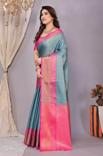 Light blue woven kanchipuram art silk handloom saree with blouse
