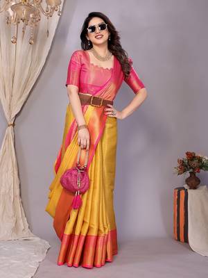 Gold woven kanchipuram art silk handloom saree with blouse 1