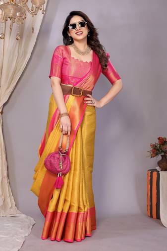 Gold woven kanchipuram art silk handloom saree with blouse