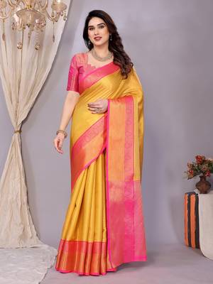 Gold woven kanchipuram art silk handloom saree with blouse 2