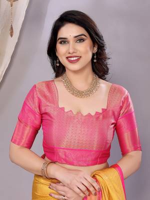 Gold woven kanchipuram art silk handloom saree with blouse 5
