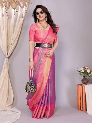 Purple woven kanchipuram art silk handloom saree with blouse 1