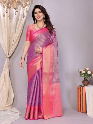 Purple woven kanchipuram art silk handloom saree with blouse 2