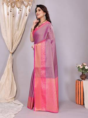 Purple woven kanchipuram art silk handloom saree with blouse 3