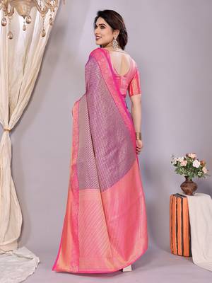Purple woven kanchipuram art silk handloom saree with blouse 4