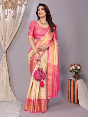 Cream woven kanchipuram art silk handloom saree with blouse 1