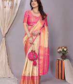 Cream woven kanchipuram art silk handloom saree with blouse