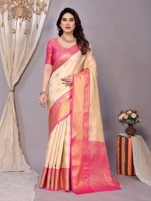 Cream woven kanchipuram art silk handloom saree with blouse 2