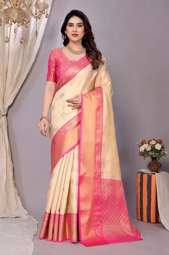 Cream woven kanchipuram art silk handloom saree with blouse