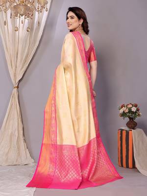 Cream woven kanchipuram art silk handloom saree with blouse 3