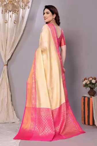 Cream woven kanchipuram art silk handloom saree with blouse