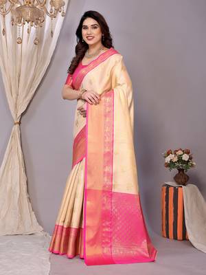 Cream woven kanchipuram art silk handloom saree with blouse 4