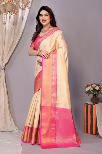 Cream woven kanchipuram art silk handloom saree with blouse