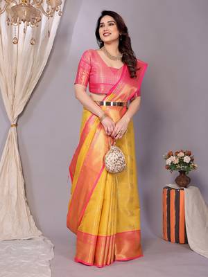 Gold woven kanchipuram art silk handloom saree with blouse 1