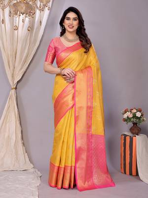 Gold woven kanchipuram art silk handloom saree with blouse 2