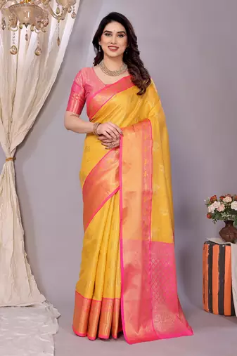Gold woven kanchipuram art silk handloom saree with blouse