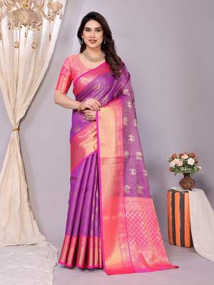 Purple woven kanchipuram art silk handloom saree with blouse 1