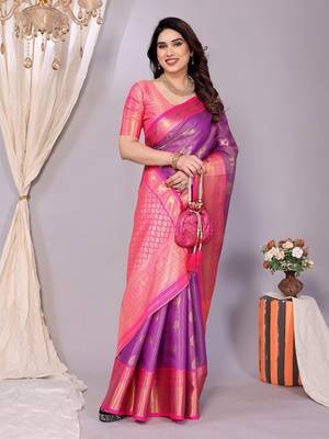 Purple woven kanchipuram art silk handloom saree with blouse 2