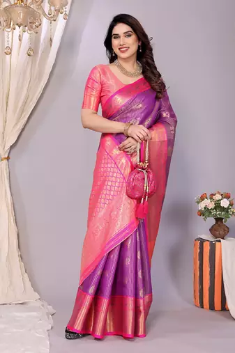 Purple woven kanchipuram art silk handloom saree with blouse