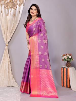 Purple woven kanchipuram art silk handloom saree with blouse 4