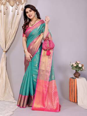 Sea green woven kanchipuram art silk handloom saree with blouse 1