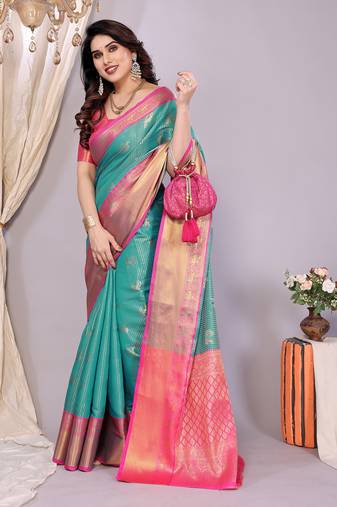 Sea green woven kanchipuram art silk handloom saree with blouse