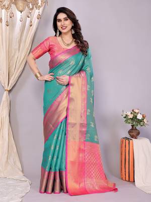 Sea green woven kanchipuram art silk handloom saree with blouse 2