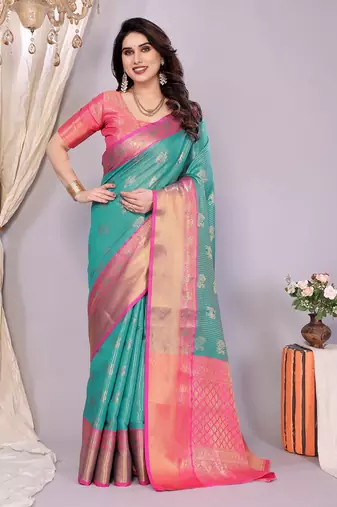 Sea green woven kanchipuram art silk handloom saree with blouse