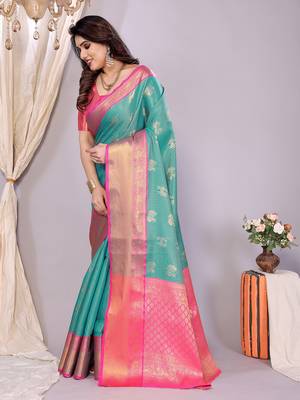 Sea green woven kanchipuram art silk handloom saree with blouse 3