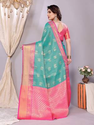 Sea green woven kanchipuram art silk handloom saree with blouse 4