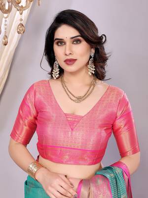 Sea green woven kanchipuram art silk handloom saree with blouse 5