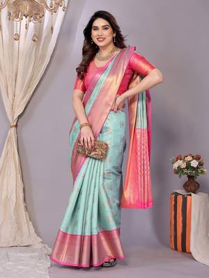 Light blue woven kanchipuram art silk handloom saree with blouse 1
