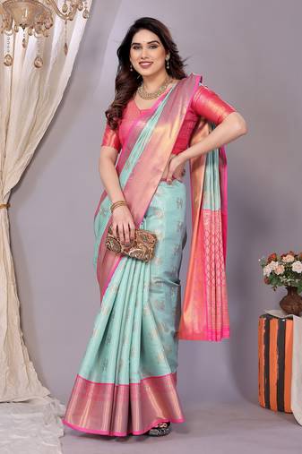 Light blue woven kanchipuram art silk handloom saree with blouse