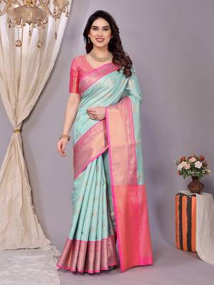 Light blue woven kanchipuram art silk handloom saree with blouse 2