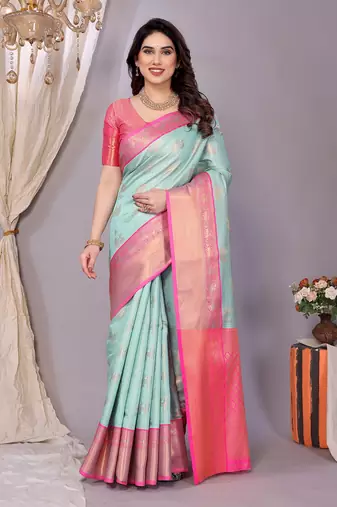 Light blue woven kanchipuram art silk handloom saree with blouse