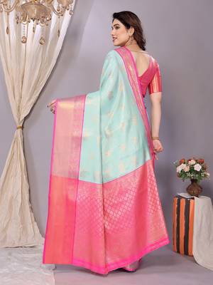 Light blue woven kanchipuram art silk handloom saree with blouse 3