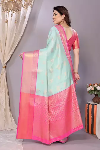 Light blue woven kanchipuram art silk handloom saree with blouse