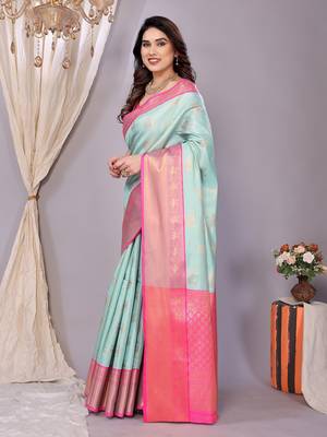 Light blue woven kanchipuram art silk handloom saree with blouse 4