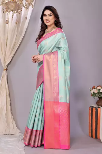 Light blue woven kanchipuram art silk handloom saree with blouse
