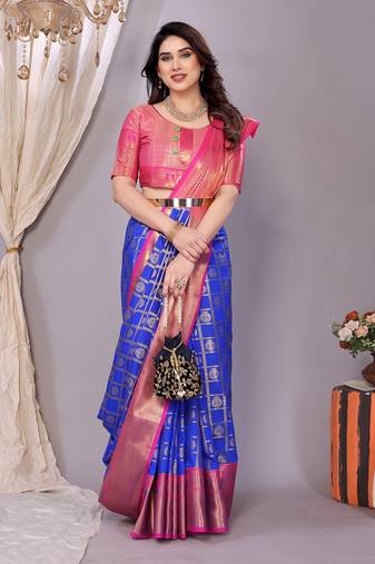 Blue woven kanchipuram art silk handloom saree with blouse