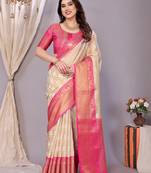 Cream woven kanchipuram art silk handloom saree with blouse