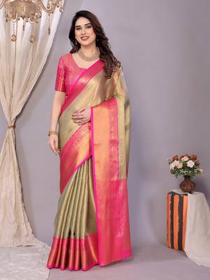 Light blue woven banarasi organza saree with blouse 1