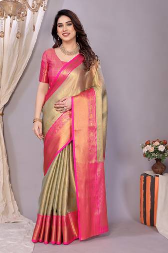 Light blue woven banarasi organza saree with blouse