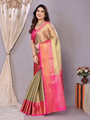 Light blue woven banarasi organza saree with blouse 3